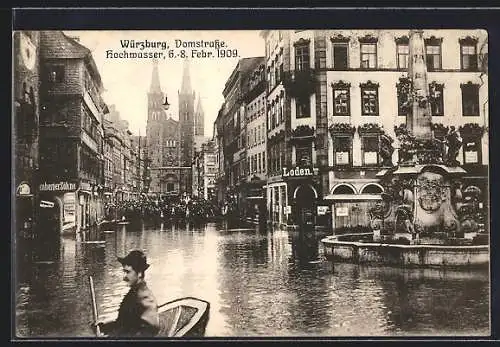 AK Würzburg, Hochwasser im Februar 1909, Domstrasse