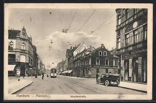 AK Hamborn-Marxloh, Weselerstrasse mit Hotel-Restaurant, Gasthof Pollmann, Strassenbahn