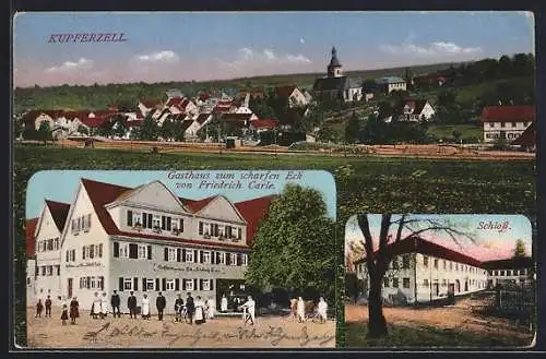 AK Kupferzell, Gasthaus zum scharfen Eck Friedrich Carle, Schloss, Ortspanorama