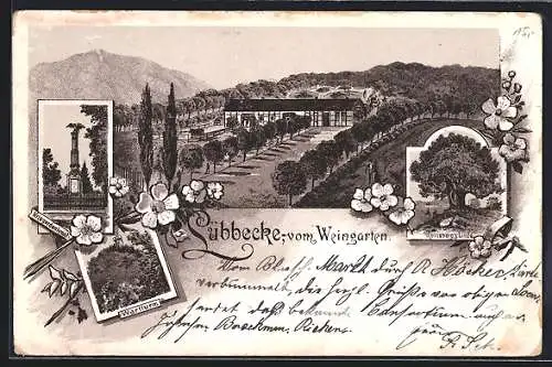 Lithographie Lübbecke, Kriegerdenkmal, Wartturm, Reineberg's Linde