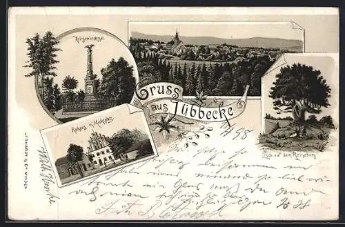 Lithographie Lübbecke, Reineberg-Linde, Kriegerdenkmal, Rathaus, Ortsansicht