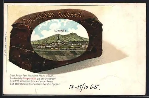 Passepartout-Lithographie Lübbecke, Ortsansicht mit Feldern und Bergpanorama im Pumpernickel