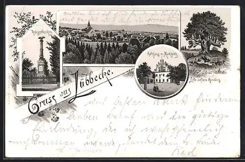 Lithographie Lübbecke, Kriegerdenkmal, Rathaus mit Marktplatz, Linde auf dem Reineberg