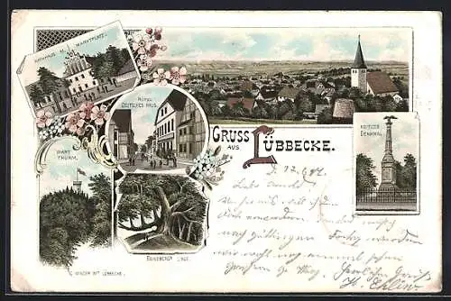 Lithographie Lübbecke, Totalansicht, Rathaus & Marktplatz, Kriegerdenkmal