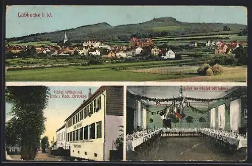 AK Lübbecke i. W., Hotel Wittekind R. Breves mit Saal, Gesamtansicht mit Bergpanorama