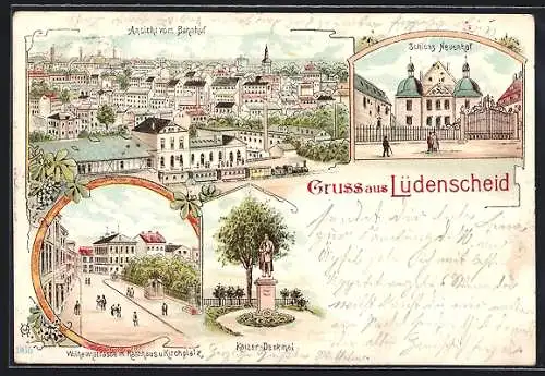 Lithographie Lüdenscheid, Ansicht vom Bahnhof, Schloss Neuenhof, Kaiser-Denkmal