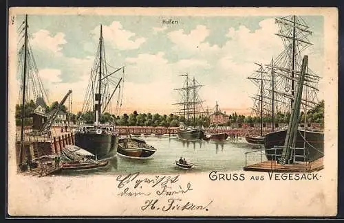 Lithographie Vegesack, Schiffe im Hafen