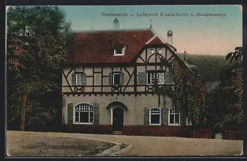 AK Eselsfürth /Kaiserslautern, Gasthof Restauration-Luftkurort Eselsfürth J. Krehbiel mit Strasse