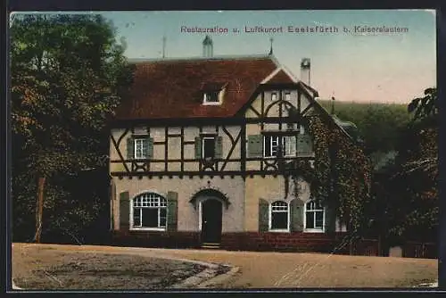 AK Eselsfürth /Kaiserslautern, Gasthof Restauration-Luftkurort Eselsfürth J. Krehbiel mit Strasse und Blick ins Grüne