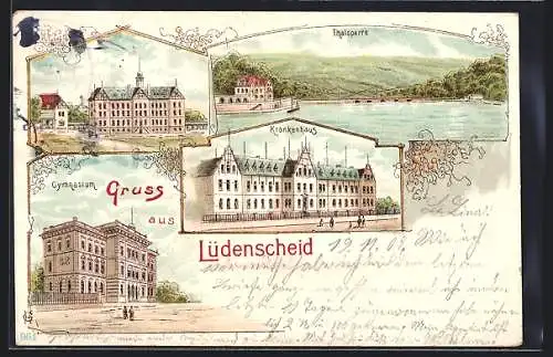 Lithographie Lüdenscheid, Talsperre, Krankenhaus, Gymnasium