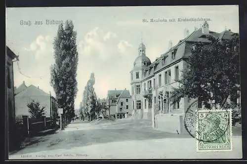 AK Bitburg, St. Maximin mit Kreisständehaus, Strassenpartie