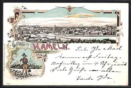 Winter-Lithographie Hameln, Rattenfänger mit Ratten, Totalansicht aus der Vogelschau