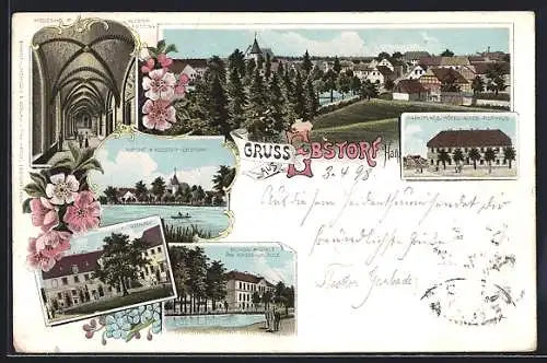 Lithographie Ebstorf, Hotel Altes Haus am Marktplatz, Klosterhof, Kreuzgang im Kloster