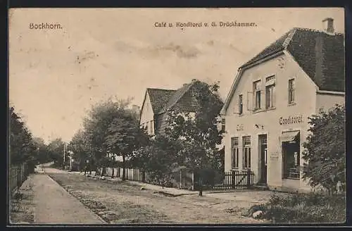 AK Bockhorn / Fallingbostel, Cafe-Konditorei G. Drückhammer mit Nachbarhaus und Strasse