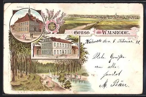 Lithographie Walsrode, Müllers Hotel zum Kronprinzen, Waldpartie, Rathaus, Totalansicht