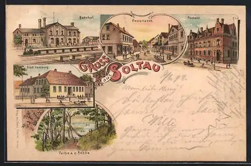 Lithographie Soltau, Bahnhof, Hotel Stadt Hamburg, Poststrasse