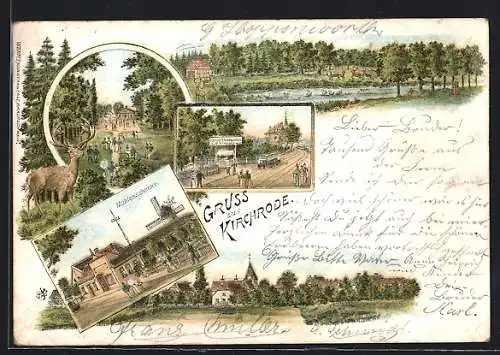 Lithographie Kirchrode, Das Gasthaus Mühlenschenke an der Mühle, Strassenbahn vor dem Kgl. Thiergarten