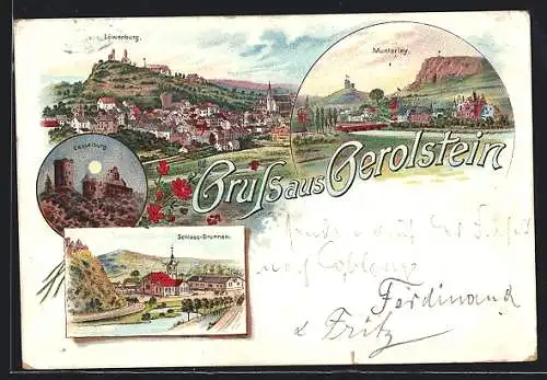 Lithographie Gerolstein, Casselburg bei Vollmond, Munterley, Gesamtansicht mit Löwenburg