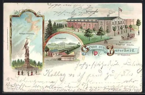 Lithographie Burscheid / Bergisches Land, Das Restaurant Schützenburg v. Friedrich Adams, Schiessstand, Krieger-Denkmal