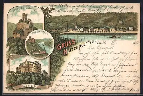 Lithographie Hatzenport, Ortsansicht über die Mosel, Burg Eltz, Ruinen Ehrenburg und Bischofstein