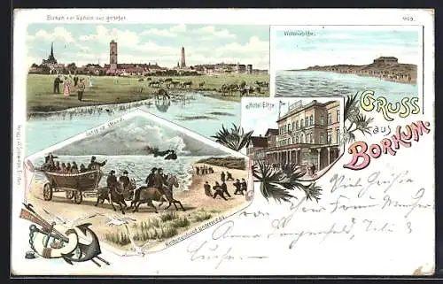 Lithographie Borkum, Hotel Eltze, Rettungsboot unterwegs mit Ship up Strand, Victoriahöhe