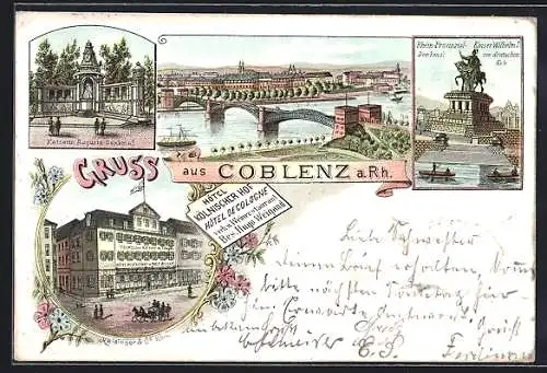 AK Coblenz a. Rh., Hotel Kölnischer Hof, Rhein-Provinzial-Denkmal Kaiser Wilhelm I. am deutschen Eck