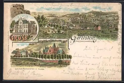 Lithographie Gerolstein, Bahnhofs-Restaurant J. Flamm, Gerolsprudel-Haus, Gesamtansicht