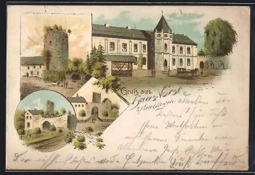 Lithographie Leichlingen, Gasthof Haus Vorst, Teilansichten