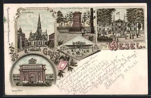 Lithographie Wesel, Berliner Tor, Schützenplatz, Denkmal der 11 Schill`schen Offiziere