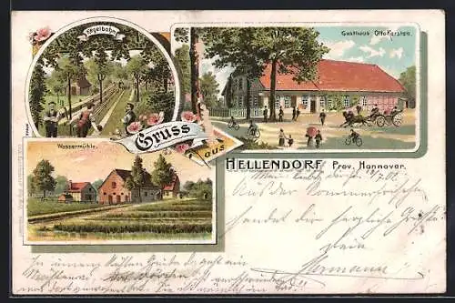 Lithographie Hellendorf / Hann., Wassermühle, Kegelbahn, Gasthaus Otto Karsten