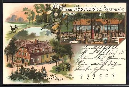 Lithographie Hannover, Gasthaus Bischofshol mit Garten