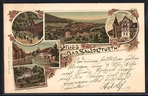 Lithographie Salzdetfurth, Logirhaus, die Villa Thiele, der Kursaal, Gesamtansicht