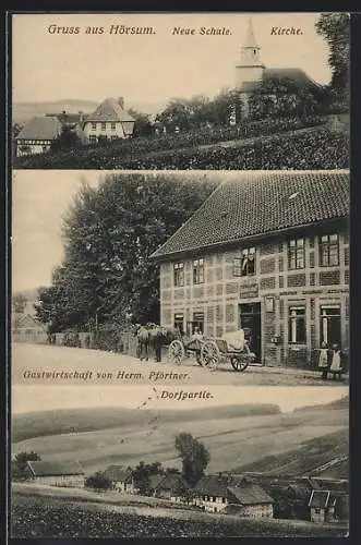 AK Hörsum, Gasthaus von Herm. Pförtner, Neue Schule und Kirche