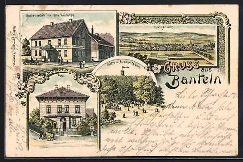 Lithographie Banteln, Grotte & Aussichtsturm, Gastwirtschaft von Otto Multhopp, Post