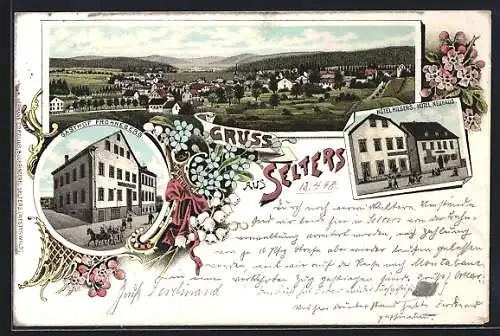 Lithographie Selters / Westerwald, Gasthof Frohneberg, Hotel Hilgers, Hotel Neuhaus