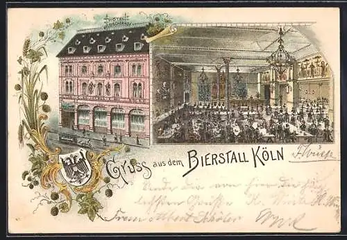 Lithographie Köln, Das Hotel Belgischer Hof, Innenansicht aus dem Bierstall