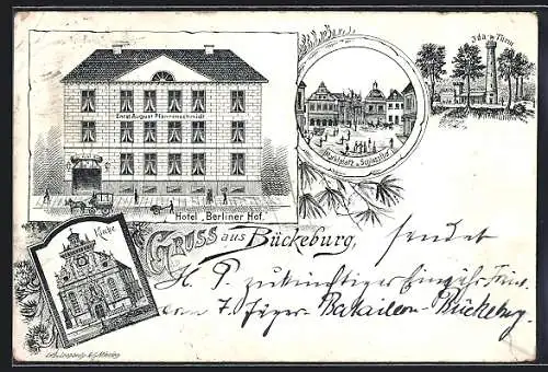 Lithographie Bückeburg, Das Hotel Berliner Hof, Kirche, Marktplatz und Schlosshof, Ida-Turm