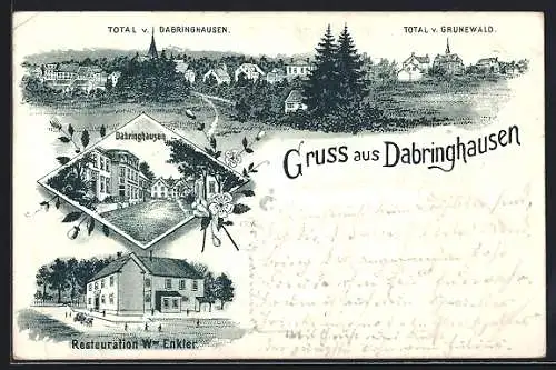 Lithographie Dabringhausen, Das Restaurant v. Ww. Enkler, Gesamtansichten von Dabringhausen und Grunewald