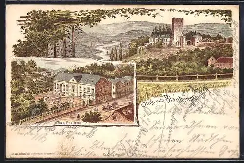 Lithographie Blankenstein / Ruhr, Blick auf die Burg und Hotel Petring