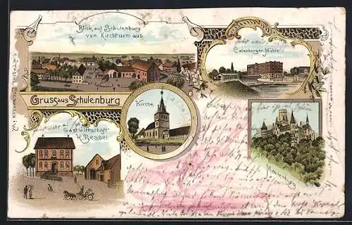 Lithographie Schulenburg, Gasthaus H. Bessel, Marienburg, Calenberger Mühle, Ortsansicht vom Kirchturm aus