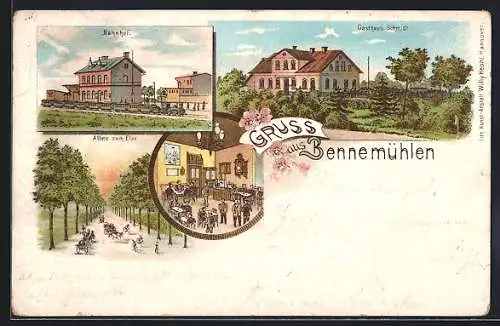 Lithographie Bennemühlen, Das Gasthaus Schmidt, der Bahnhof, Allee nach Elze