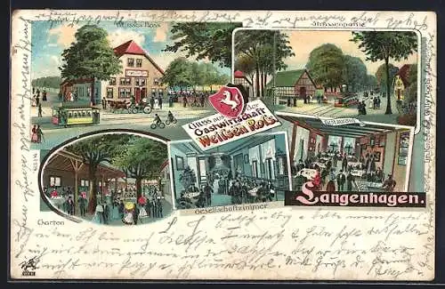 Lithographie Langenhagen, Gasthaus zum Weissen Ross, Gartenwirtschaft, Gesellschaftszimmer, Restaurant, Strassenbahn