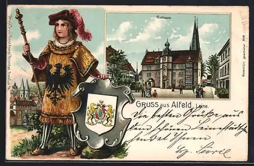 Passepartout-Lithographie Alfeld /Leine, Das Rathaus, junger Edelmann mit Wappenschild