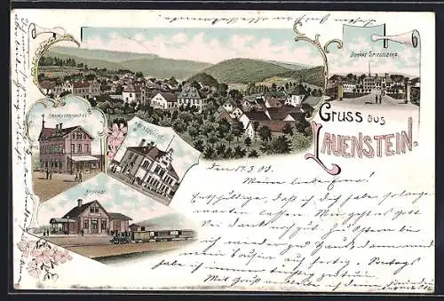 Lithographie Lauenstein / Salzhemmendorf, Bahnhofs-Hotel, Amtsgericht, Bahnhof, Domäne Spiegelberg