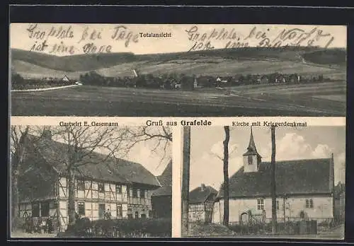 AK Grafelde, Das Gasthaus E. Gesemann, Kirche mit Kriegerdenkmal, Gesamtansicht