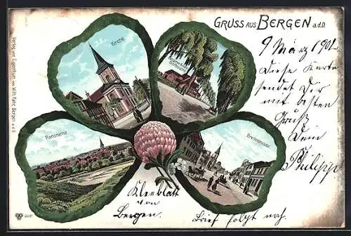 Passepartout-Lithographie Bergen / Dumme, Ansichten von Kirche, Breitestrasse und Bierbrauerei auf Kleeblatt