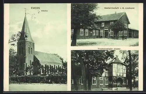 AK Emern, Gasthaus v. G. Lindhorst, Kirche, Tischlermeister Clasen