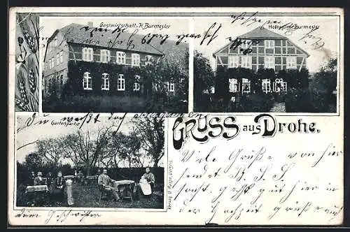 AK Drohe, Gasthaus v. H. Burester, Gartenparthie, Hofbesitzer Burmester