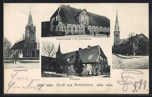 AK Nettelkamp, Landeskirche, Gasthaus v. H. Pommerien, Freikirche