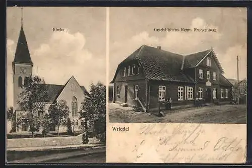 AK Wriedel, Kirche, Geschäftshaus Herm. Kruckenberg